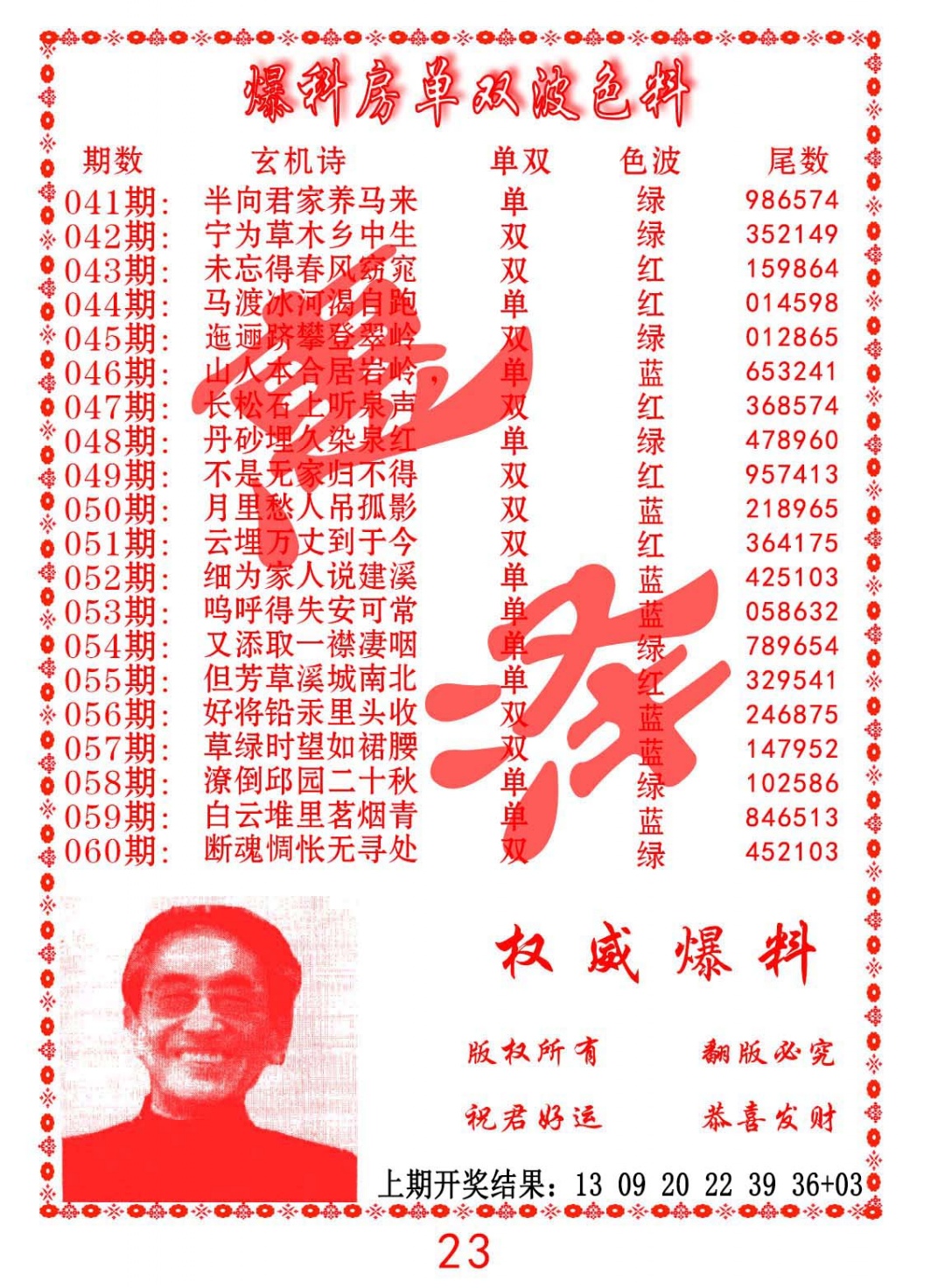 047期爆料房单双波色料[图]